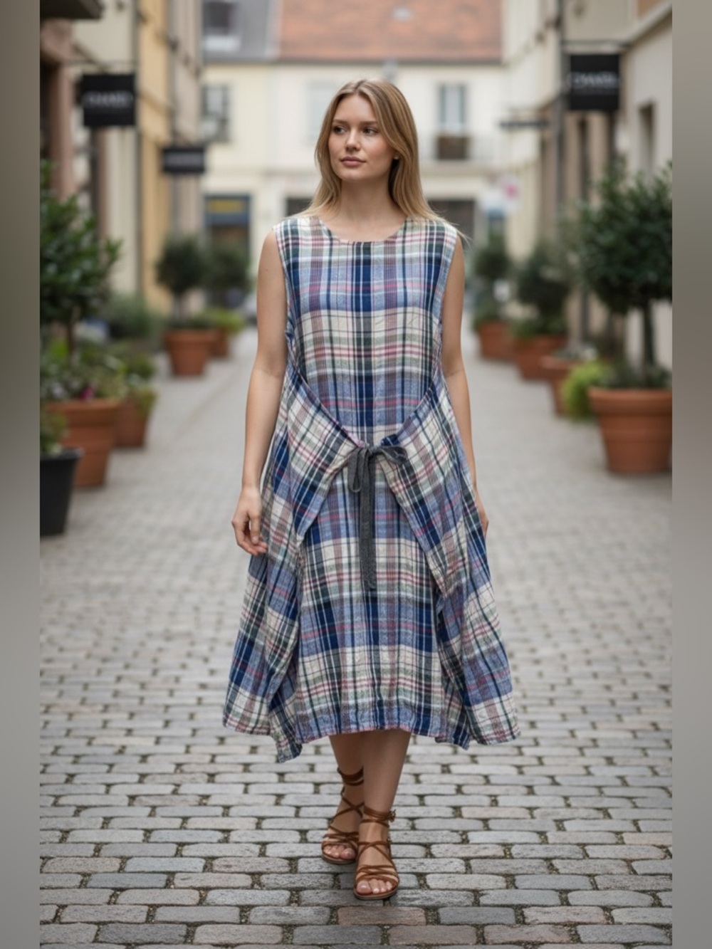 ICHI ANTIQUITES Sleeveless Blue Plaid Tie-Waist  Check Midi Dress